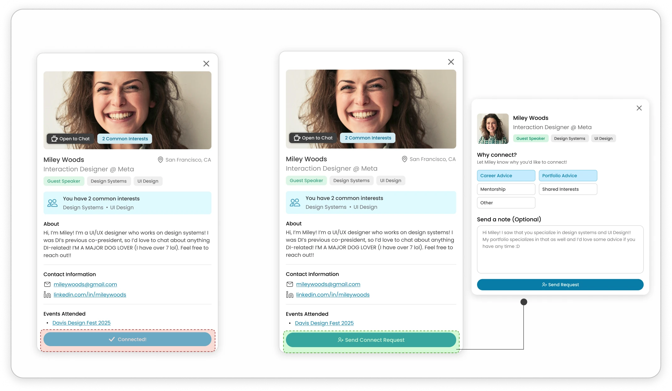 The connect request flow: a connected profile, a profile with a Send Connect Request button, and the request sheet asking why you'd like to connect with an optional note