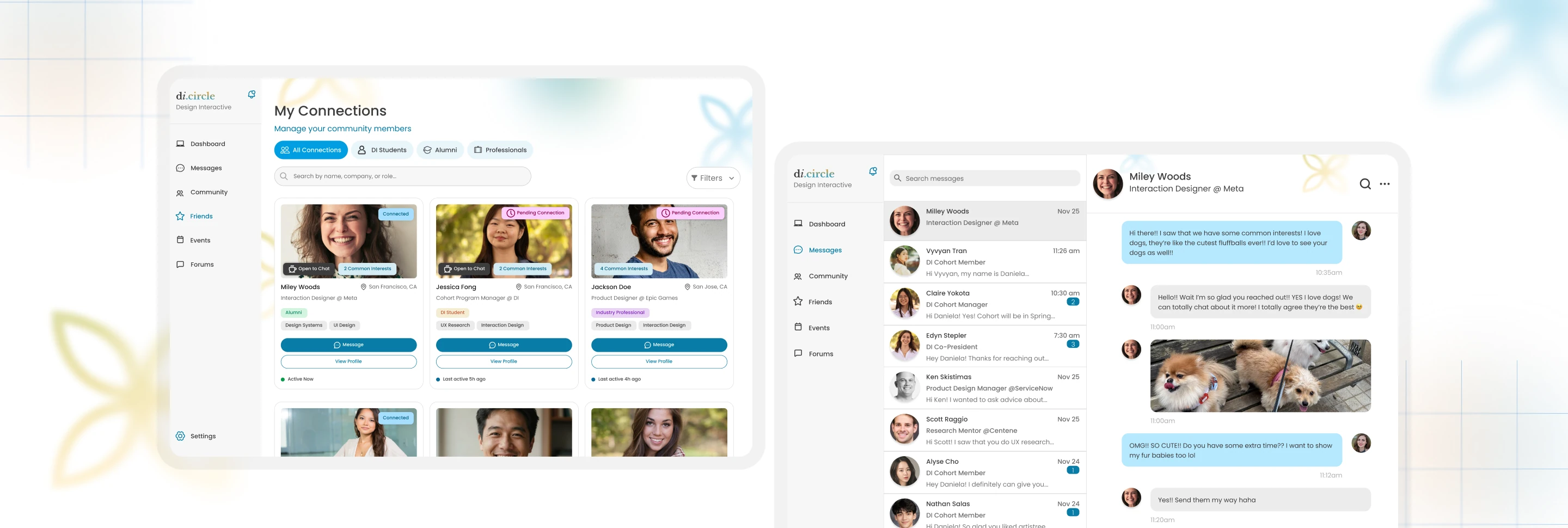 The di.circle My Connections and Messages screens shown side by side