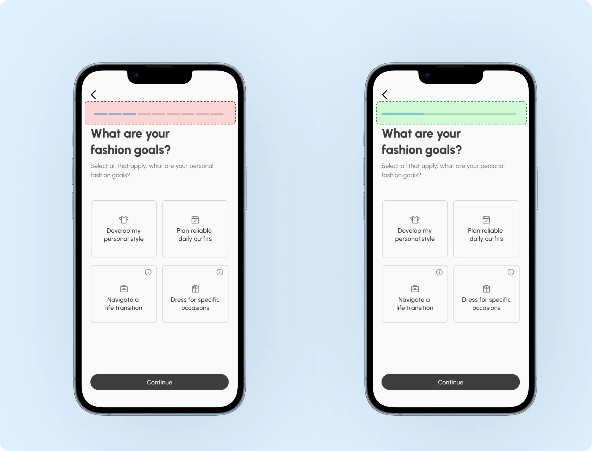 Numbered step bar vs non-linear progress bar comparison