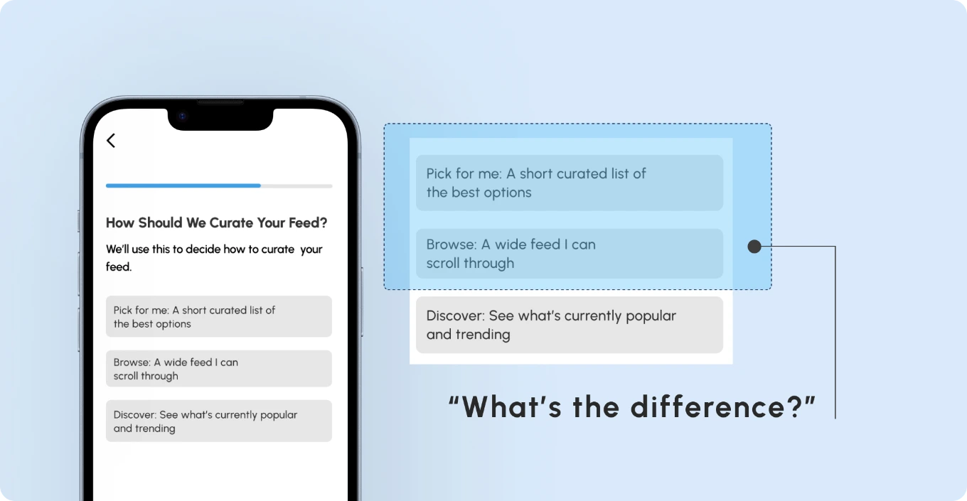 Feed curation screen + What's the difference? callout