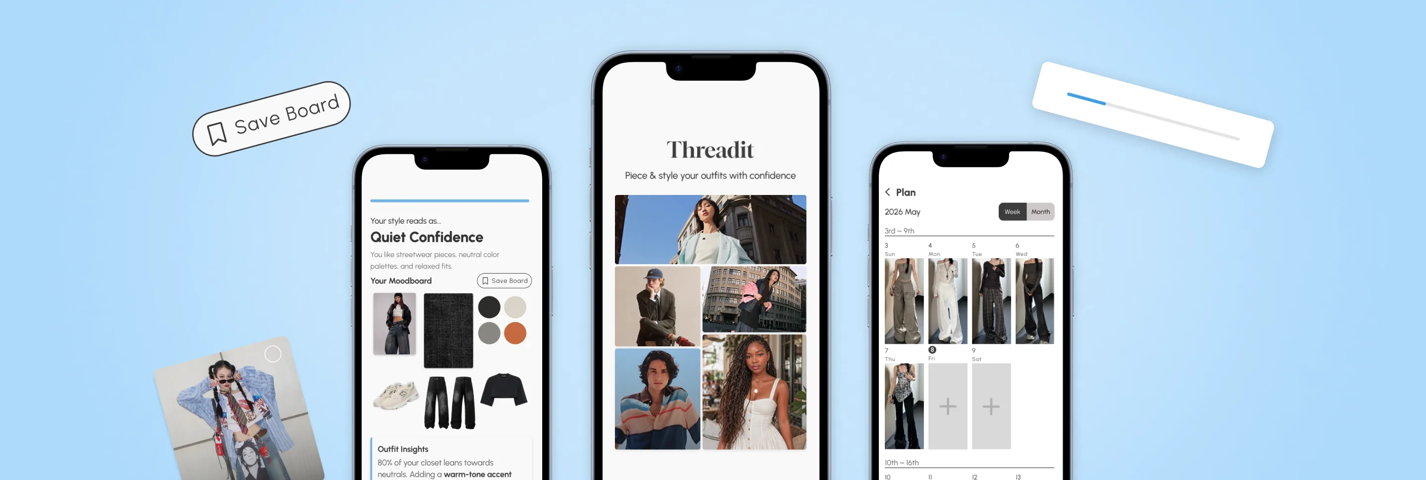 ThreadIt app — three iPhone mockups of the onboarding, closet, and planner screens