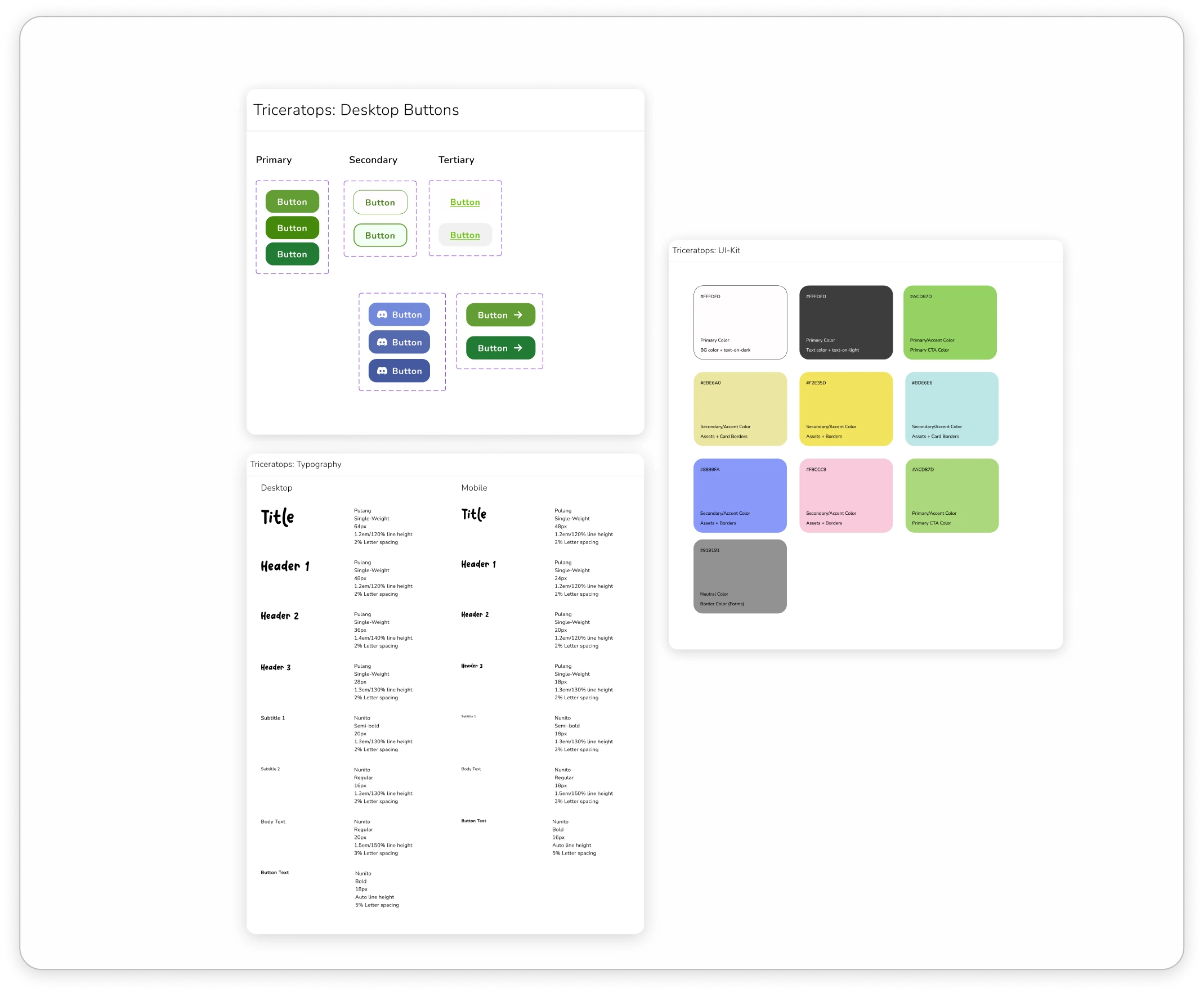 The Triceratops UI kit: desktop button styles, a typography scale for desktop and mobile, and the color palette