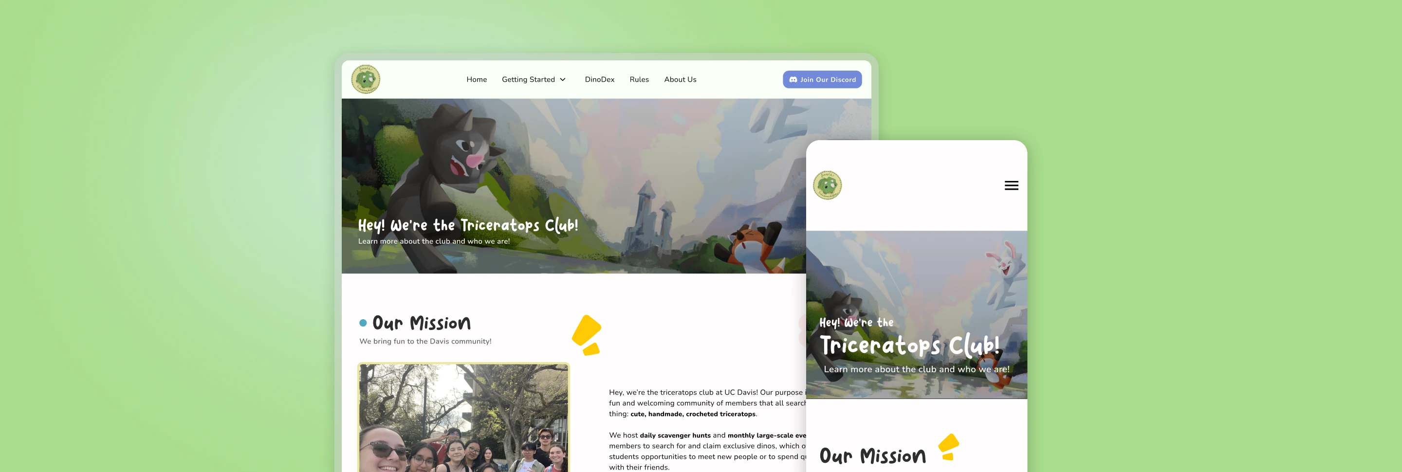 The Triceratops Club site shown on desktop and mobile