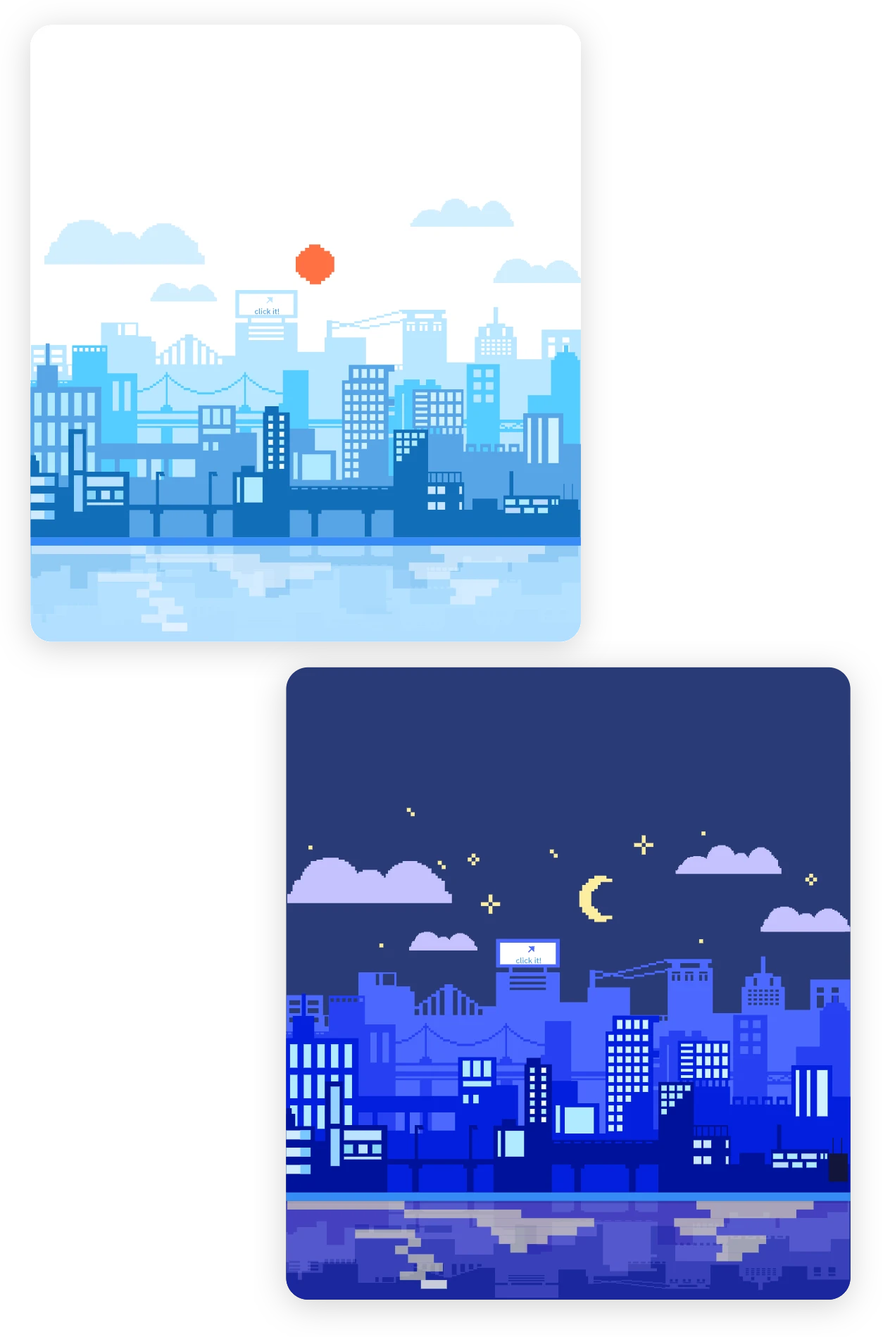 Two pixel cityscapes: a pale blue daytime skyline and a dark night skyline under a crescent moon, each reflected in the water below