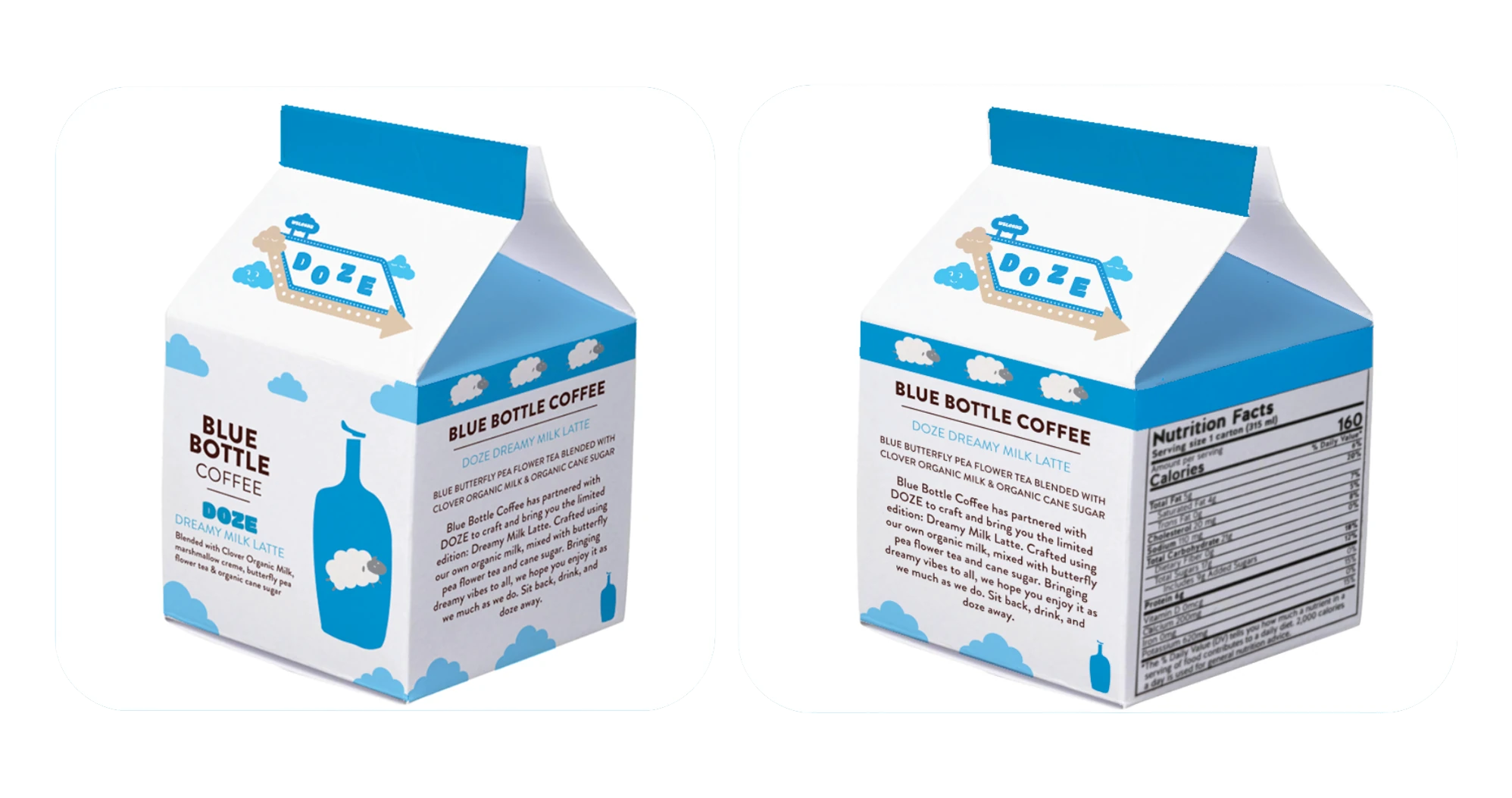 Two Doze x Blue Bottle Coffee cartons, front and nutrition panel