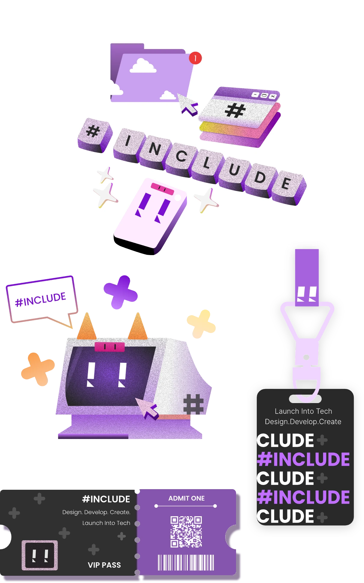 #Include sticker set: a folder, keycaps spelling INCLUDE, a phone, a monitor mascot, a speech bubble, VIP pass tickets and a lanyard badge