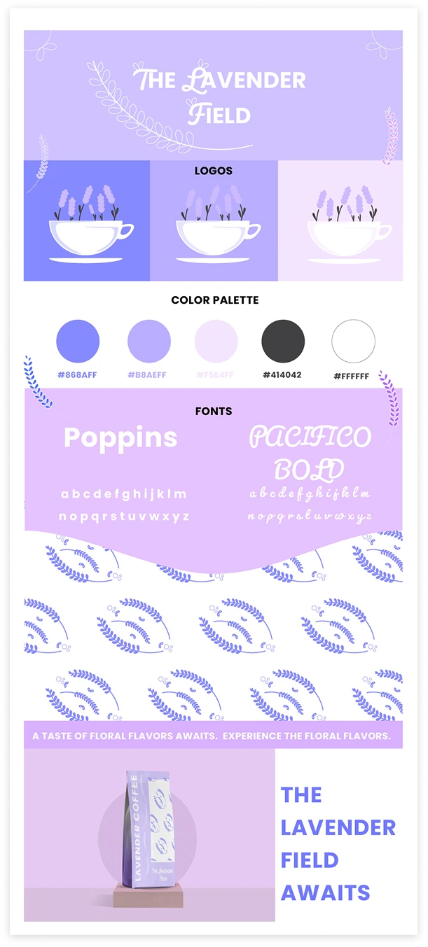 The Lavender Field brand board: logo variations, colour palette, Poppins and Pacifico type specimens, a lavender pattern and a coffee bag mockup