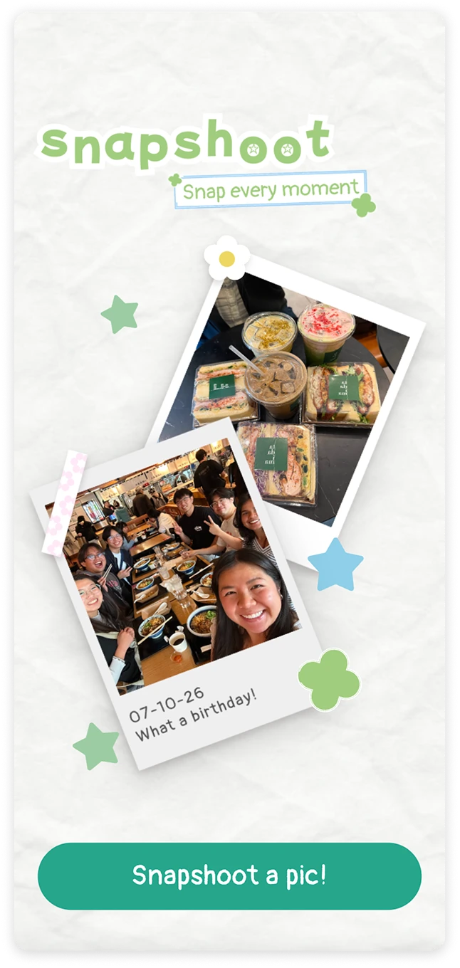 The Snapshoot home screen: a photo strip of friends and food over a paper texture, with a Snapshoot a pic button