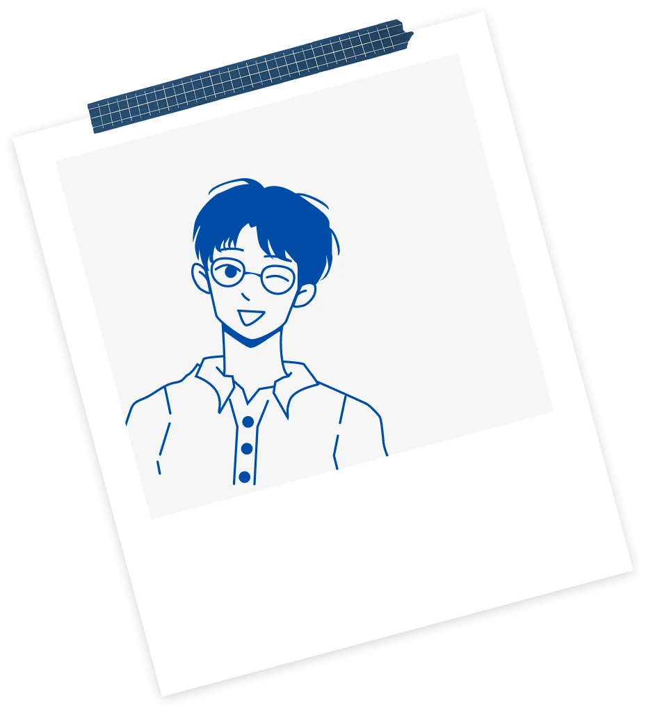 An illustrated portrait of Nathan in a taped-up polaroid